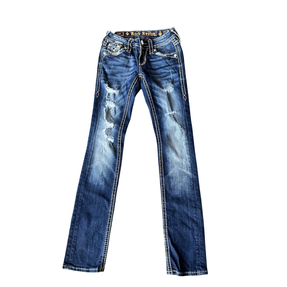 Rock Revival Karla Straight Jeans Womens 24 Y2K Distressed Preppy Grunge Bling